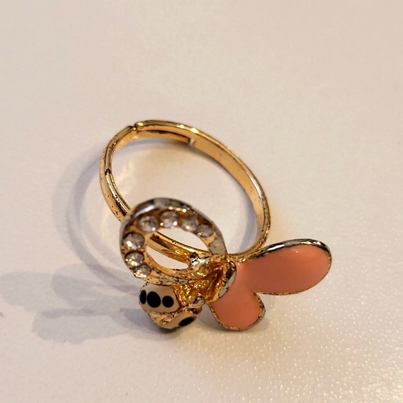 5for$25🥰 VINTAGE BUTTERFLY cz Crystal Pink Lady Bug on Gold ring adjustablesize - Picture 1 of 6